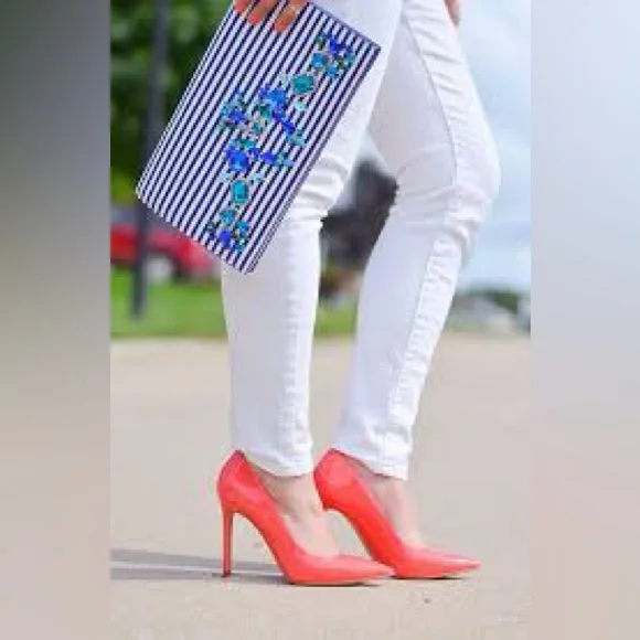 Express Bejeweled Blue and White Stripe Envelope Clutch Bag - Picture 3 of 12